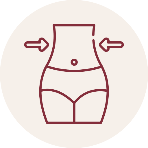 Line drawing of a female torso with waist and hips, arrows pointing inward at the waist, indicating slimming or waist reduction.