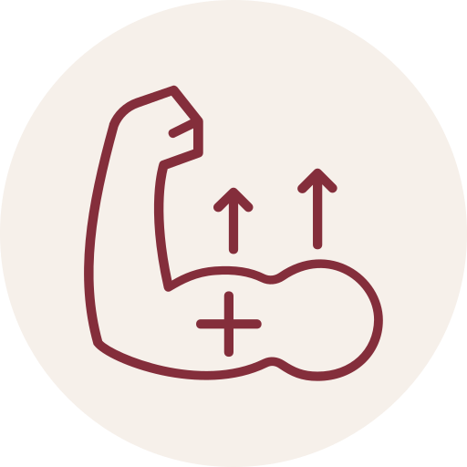 Outline of a flexed arm showing muscle with upward arrows indicating strength or growth.
