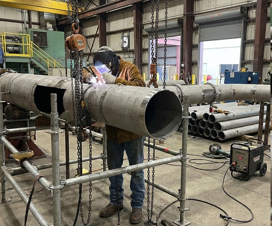 certified welder repairing a large industrial pipe for a main steam line project. A close-up photo highlights a metal plaque on the pipe that reads "ASME PP STAMP, NB R STAMP, PROJECT: MAIN STEAM LINE REPAIR."