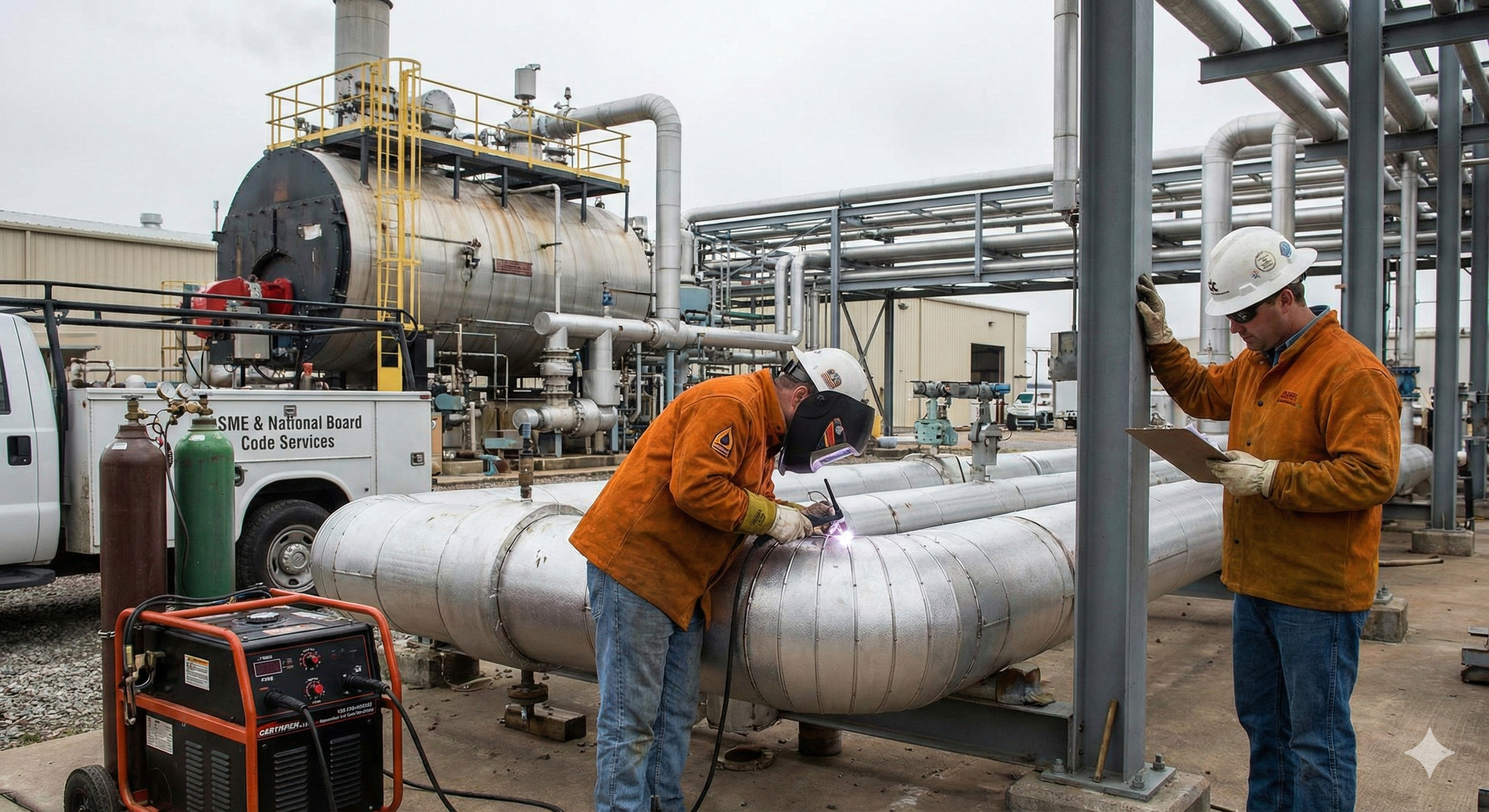 Certified welder performing on-site ASME & National Board code welding on industrial pressure piping and non-code welding on other systems, supervised by an inspector