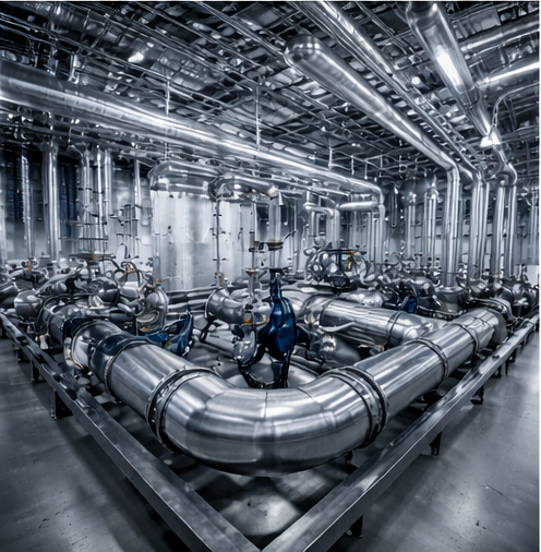 Fabrication and installation of mechanical piping and cooling systems for a data center facility, including cooling piping and closed mechanical systems for data center climate control.