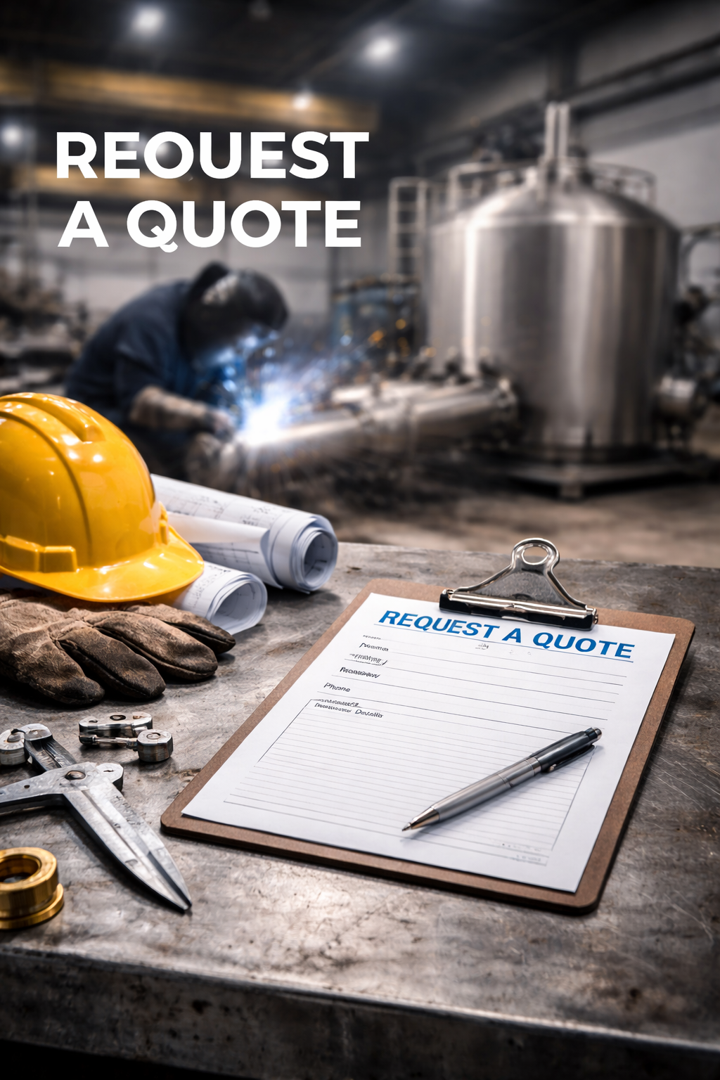 Request a quote from Peak Welding and Fabrication for ASME and NB certified code work with code welding going on in the background.