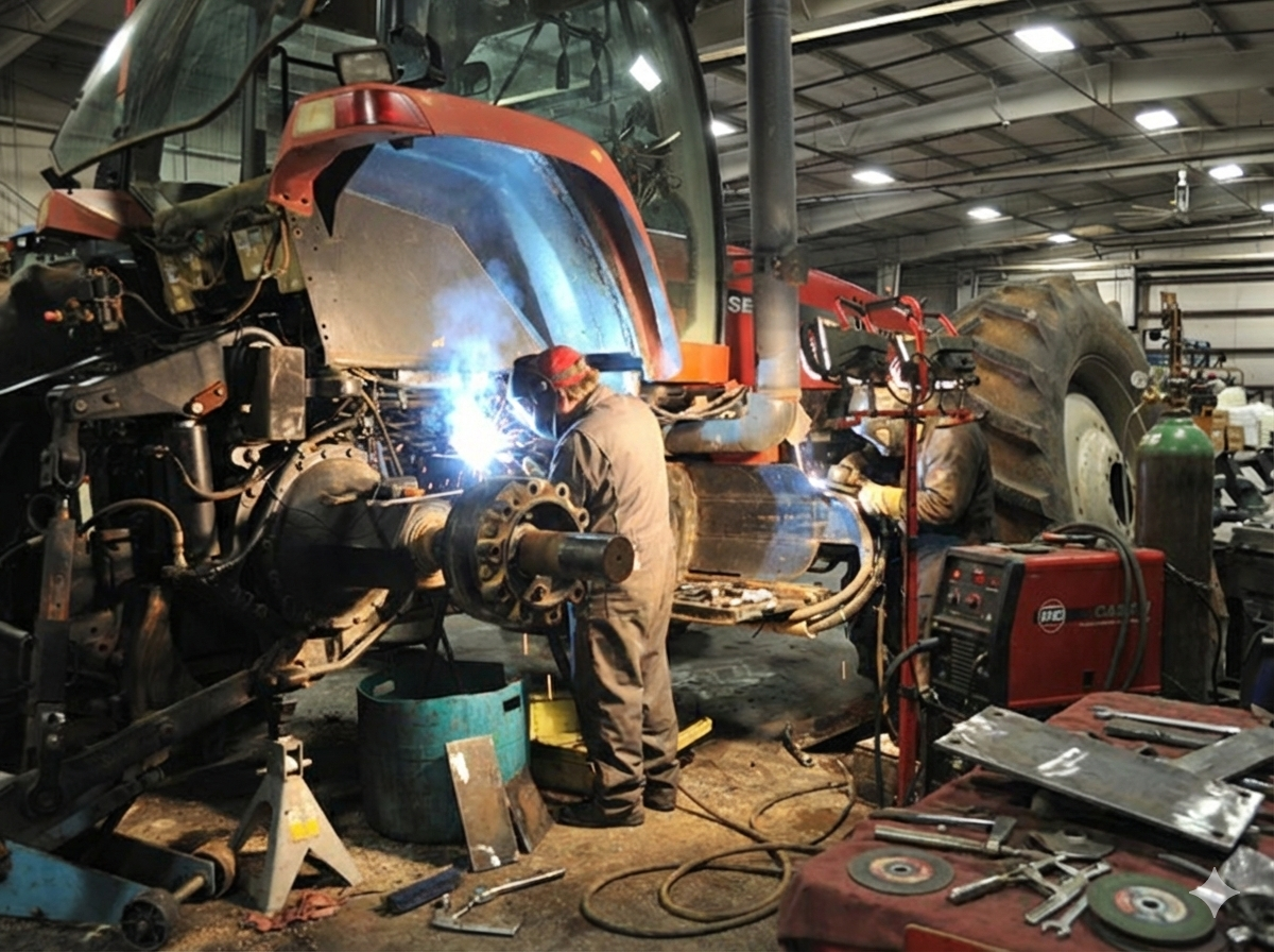Agricultural machinery repair and custom fabrication, showing a welder working on metal components of farm equipment.