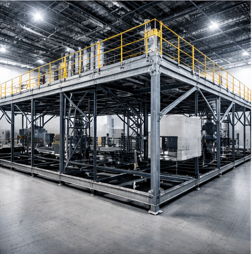 high-density data center infrastructure, featuring a custom-fabricated structural steel mezzanine and integrated mechanical equipment platform.