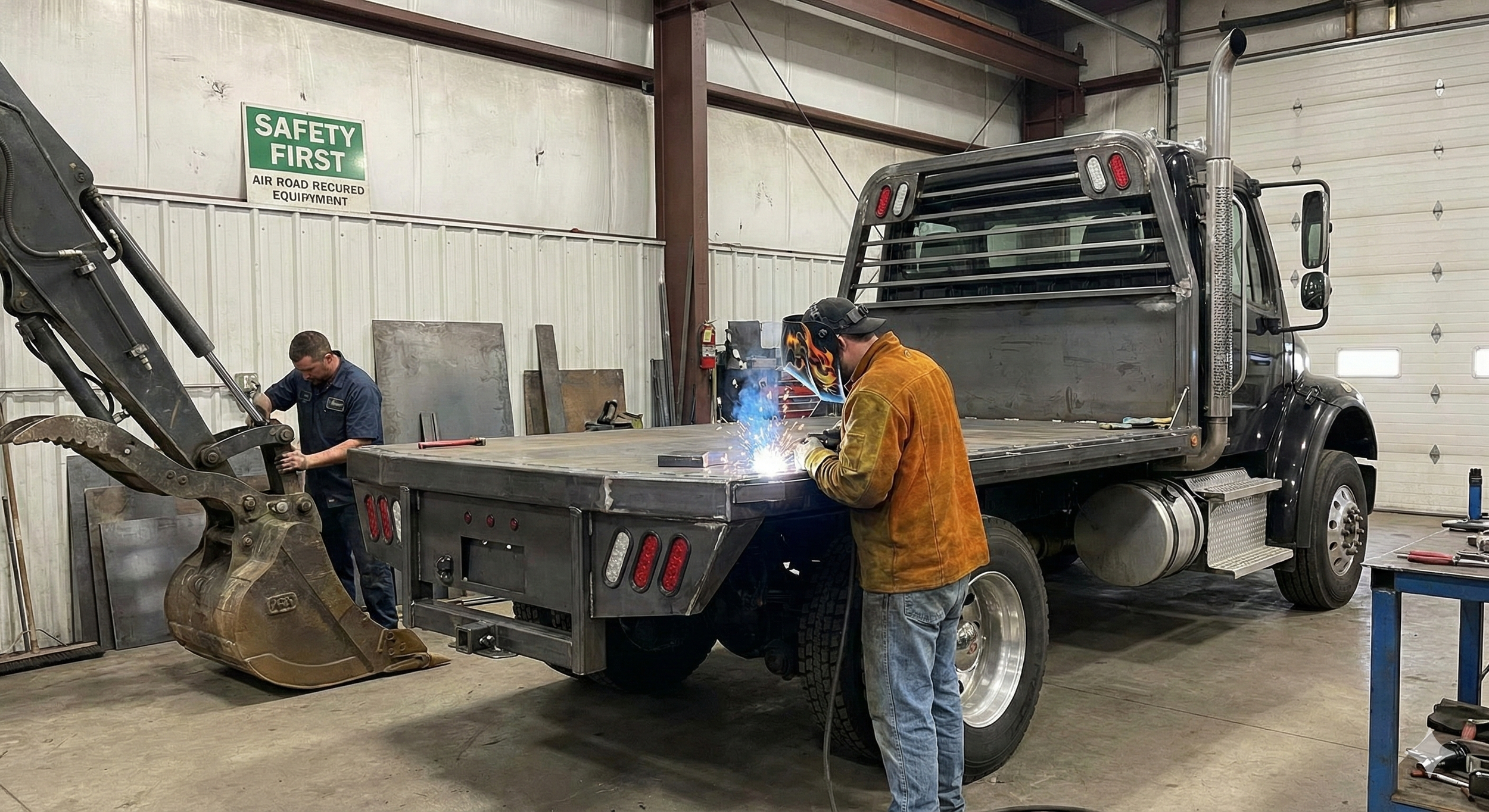 Two workers welding a metal truck bed in a workshop, with one worker welding and sparks flying, and the other working on a large excavator attachment nearby.