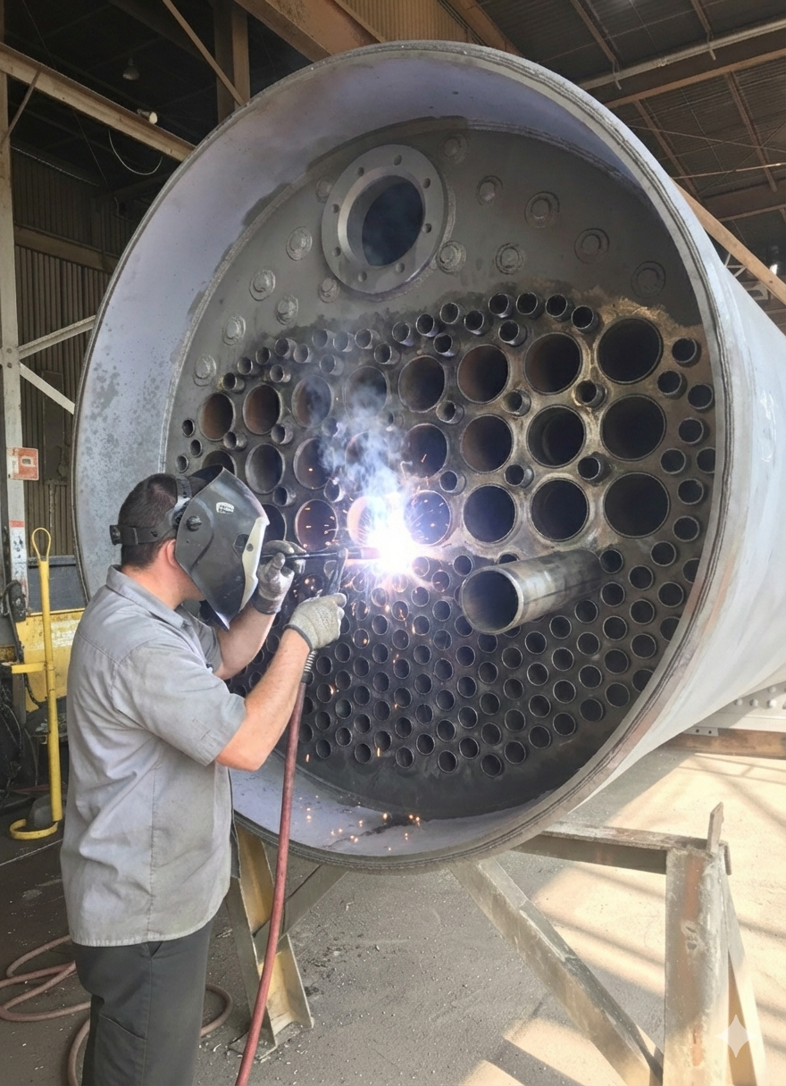 A certified welder performing a repair on an industrial boiler tube sheet, wearing protective gear and welding a tube in place.