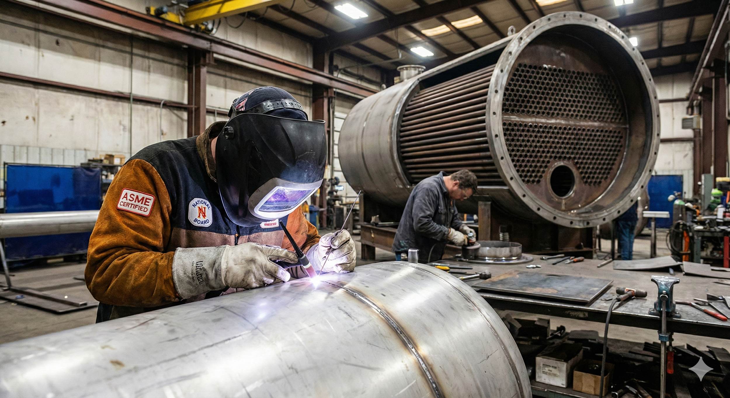 Certified ASME welder performing TIG welding on a stainless steel pressure vessel in a fabrication shop, with an open industrial boiler showing tube sheets and boiler tubes in the background