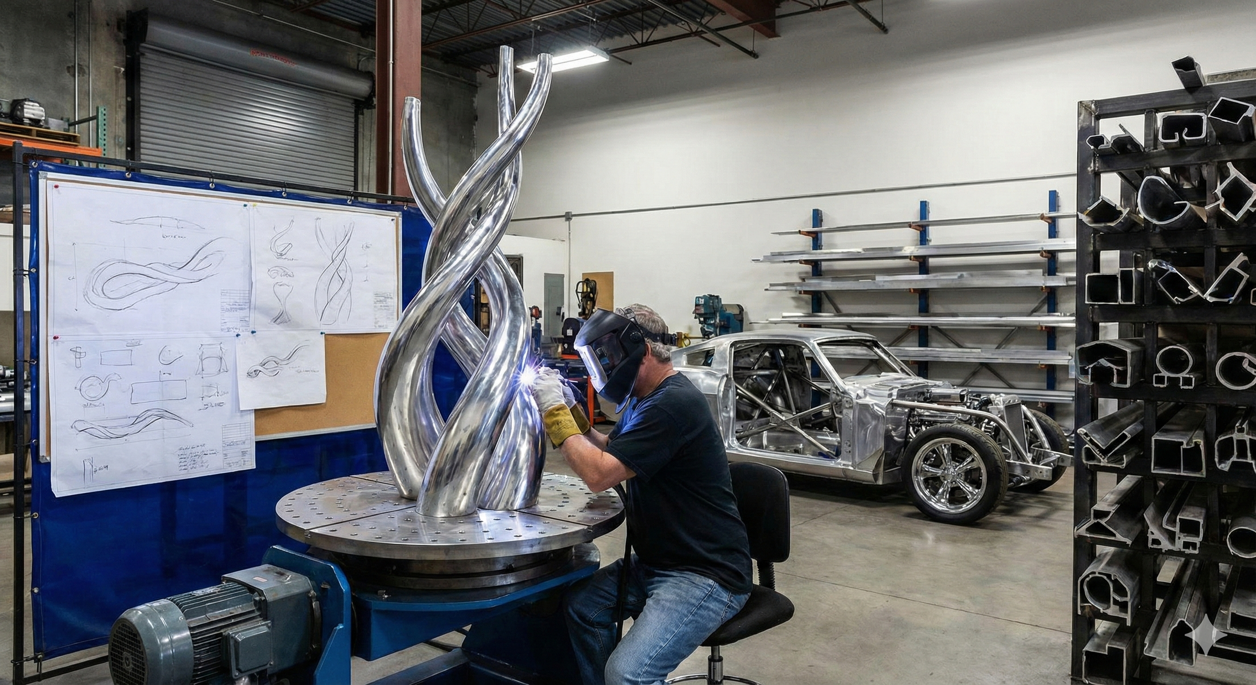 Custom welding on a unique spiral metal sculpture and specialty vehicle chassis, showcasing one-of-a-kind fabrication and creative craftsmanship