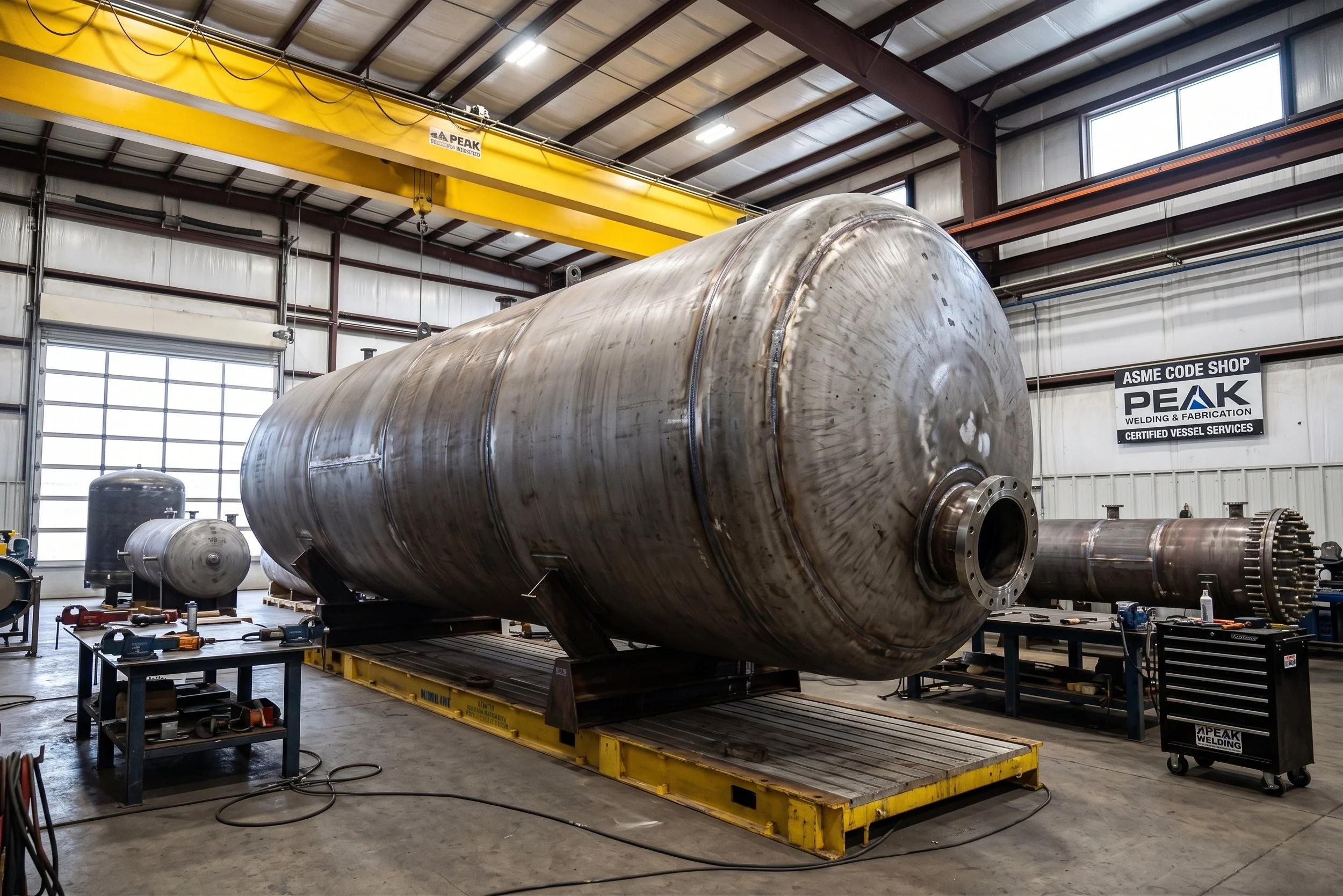 A large, custom-fabricated carbon steel pressure vessel sitting on heavy-duty staging equipment inside an ASME code fabrication facility.