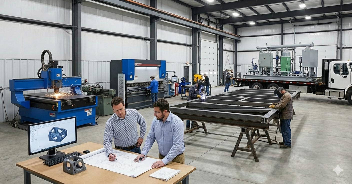 Engineers reviewing blueprints and CAD designs in a busy metal fabrication shop, featuring CNC plasma cutting, welding, and heavy machinery assembly