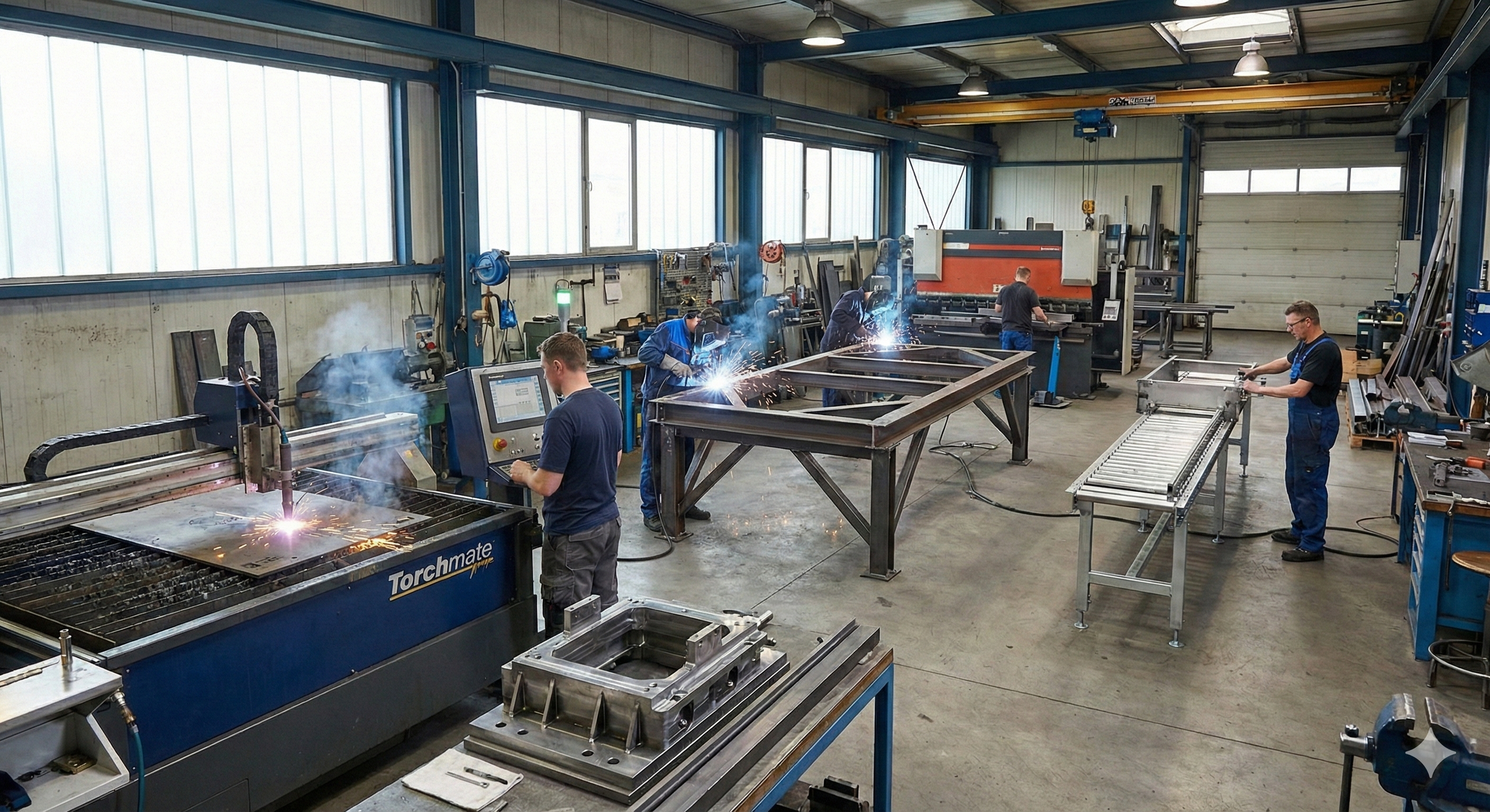 General metal fabrication workshop showing simultaneous operations: CNC plasma cutting, structural steel welding, metal bending, and custom assembly