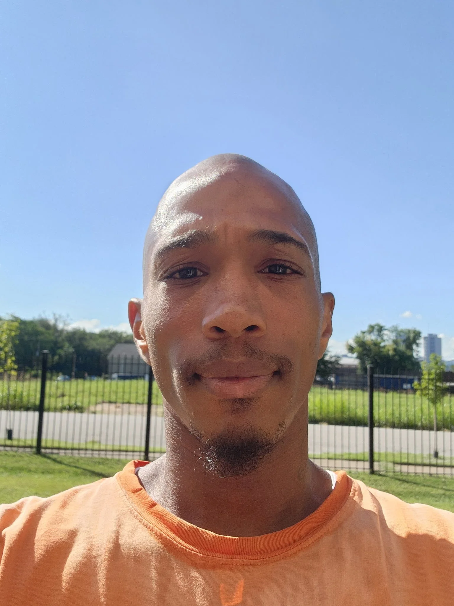 A close-up selfie of a young man with a shaved head and slight facial hair, standing outdoors on a sunny day, with a fence, green grass, trees, and a clear blue sky in the background.