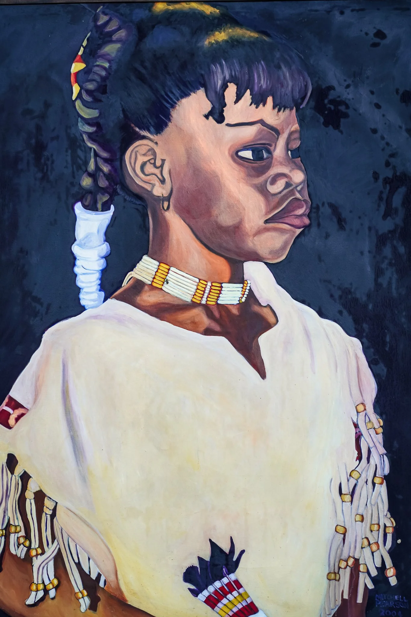 Painting of an Indigenous woman with traditional bead jewelry and attire, a dark background.