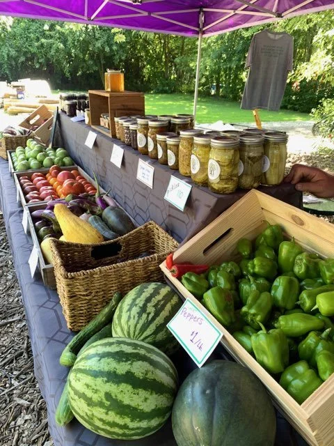 Outdoor farmers market stall with fresh vegetables and jars of preserves. Visible items include green bell peppers, watermelons, eggplants, tomatoes, and jars of preserved foods on a table under a canopy.