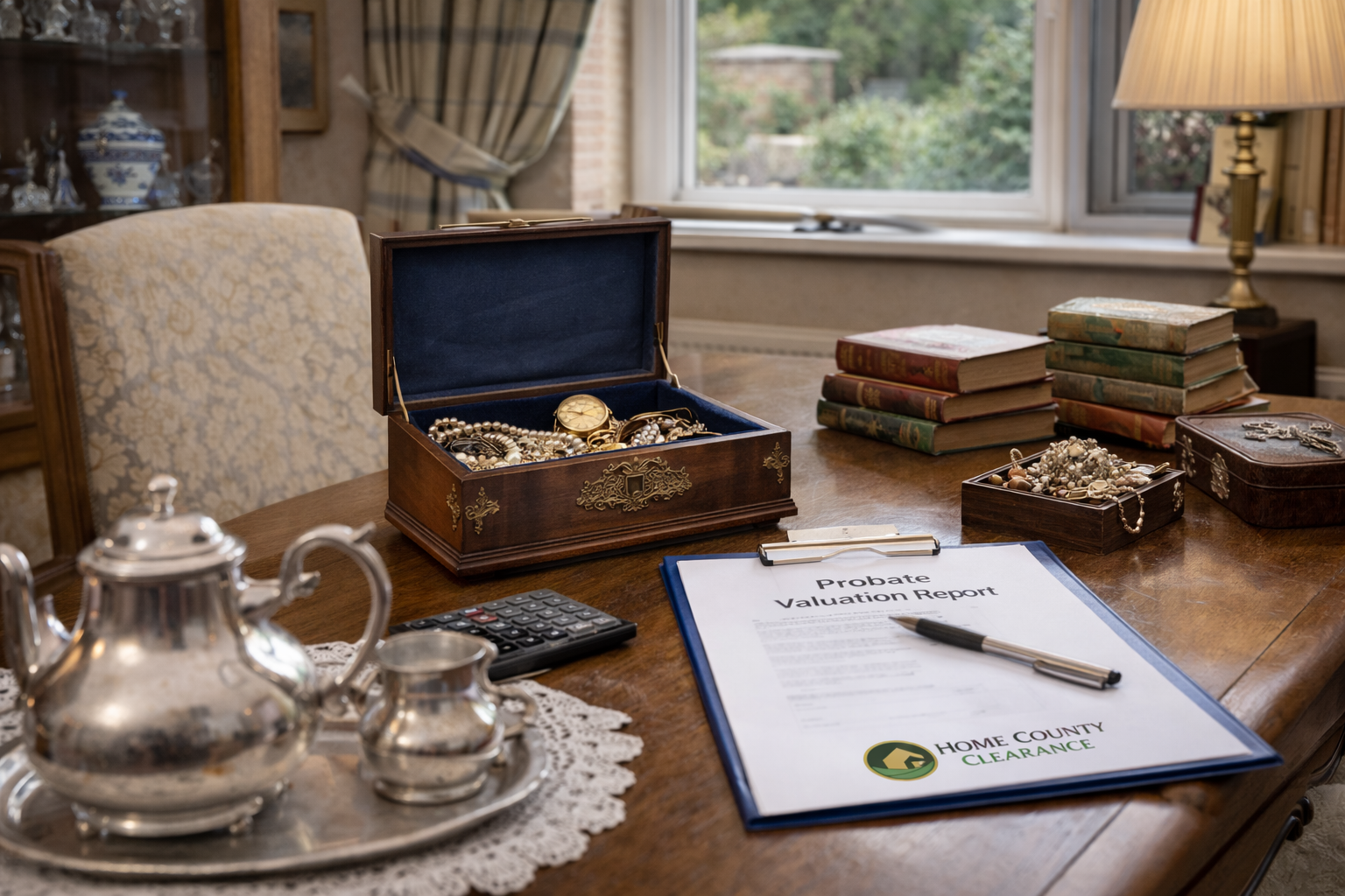 Probate contents valuation with antiques, documents and household items assessed during house clearance process