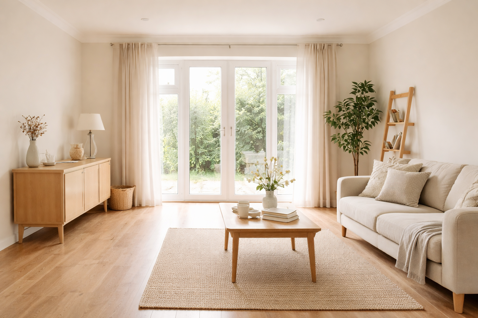 Bright living room with beige sofa, wooden coffee table, sideboard, and large windows with curtains overlooking greenery.