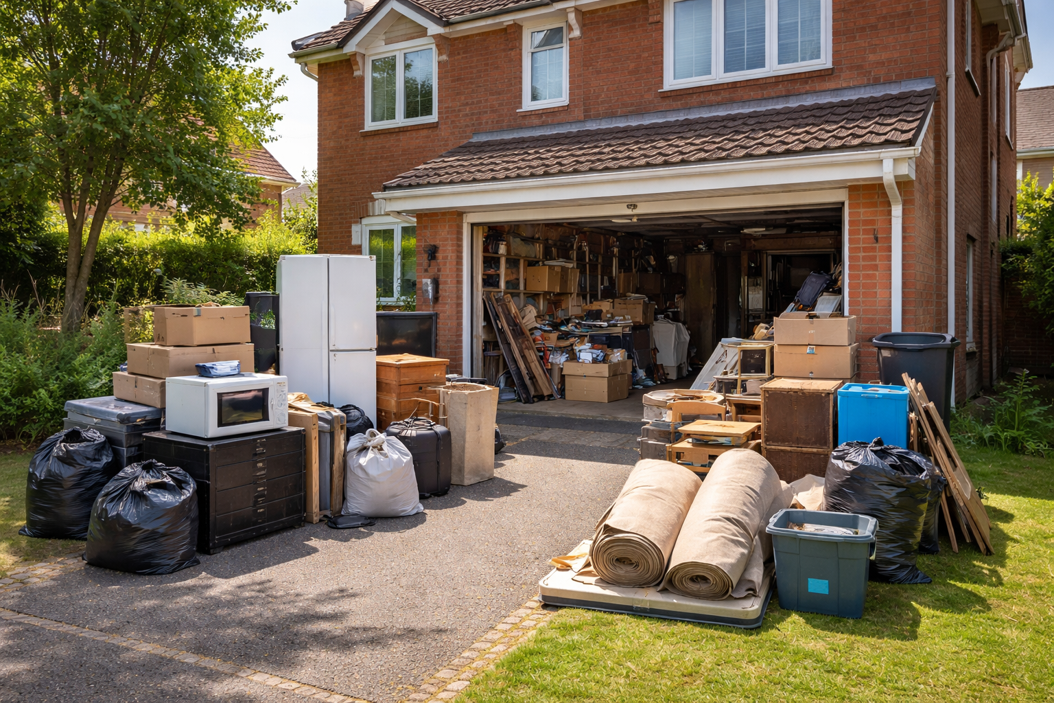 House clearance service outside residential property with furniture, boxes and household items ready for removal