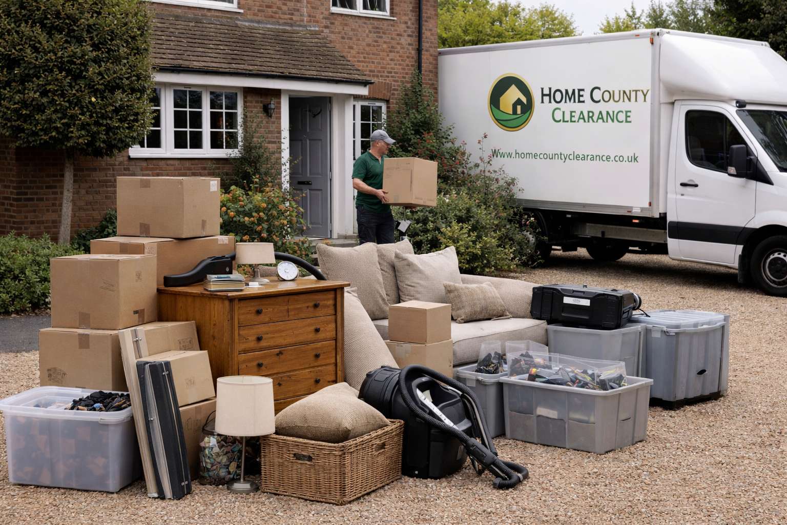 House clearance service in Hampshire with removal van and household items ready for collection outside residential property