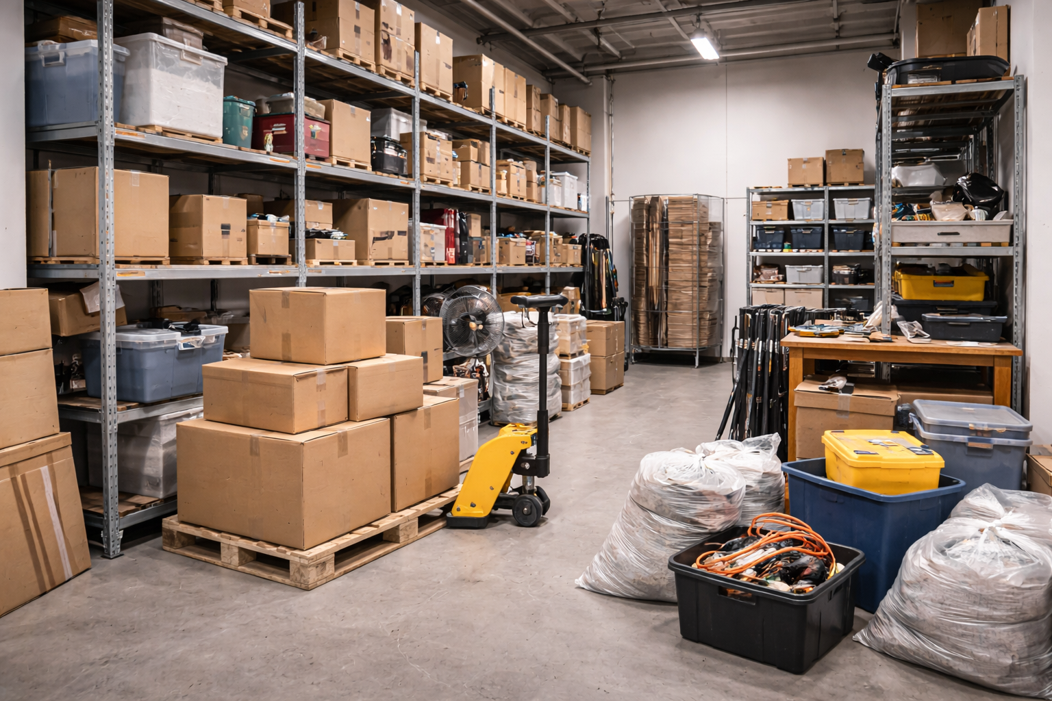 Commercial warehouse and industrial clearance service with shelving, stock, equipment and boxed contents ready for removal