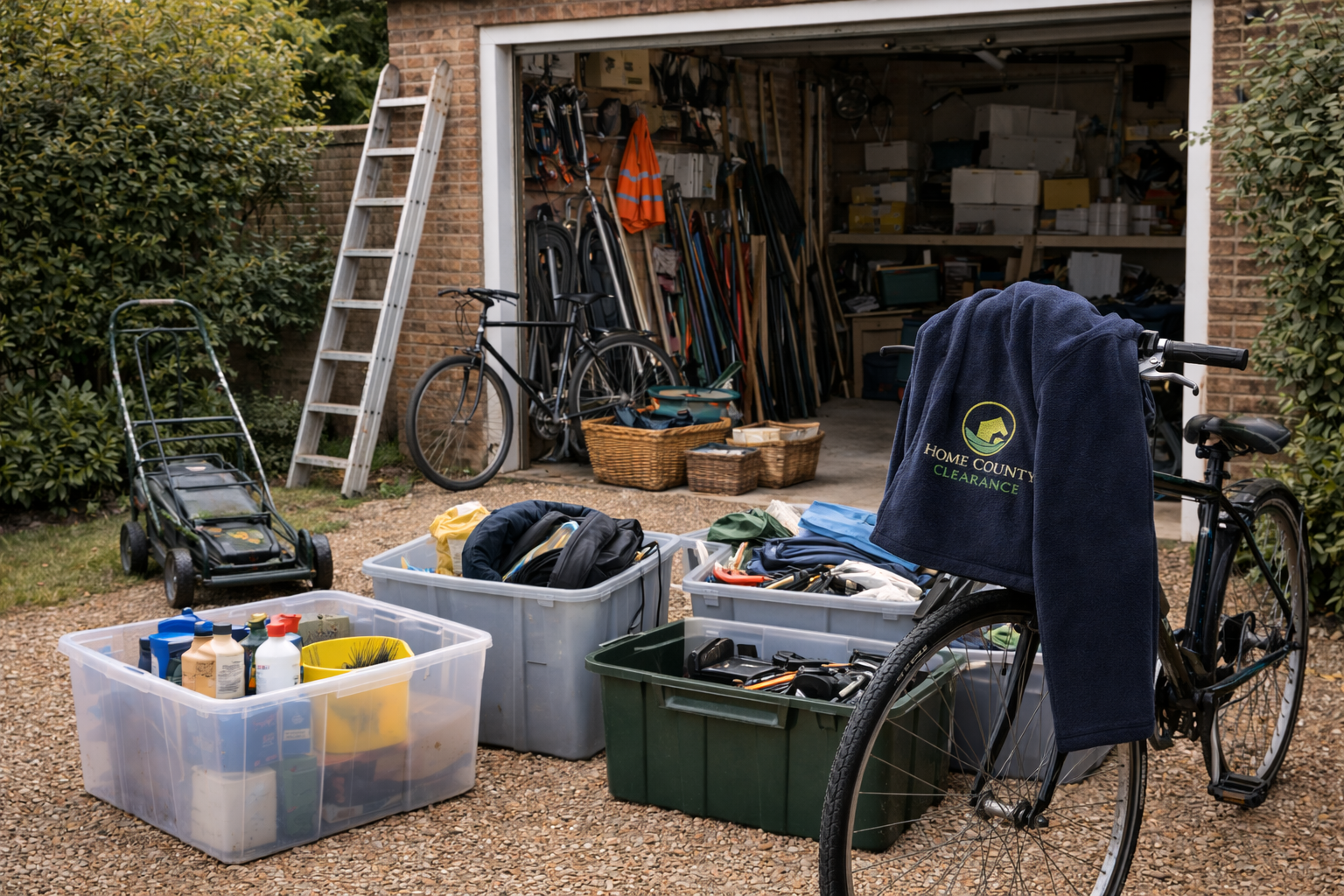 Garage clearance and decluttering service with tools, storage boxes and equipment being sorted for removal