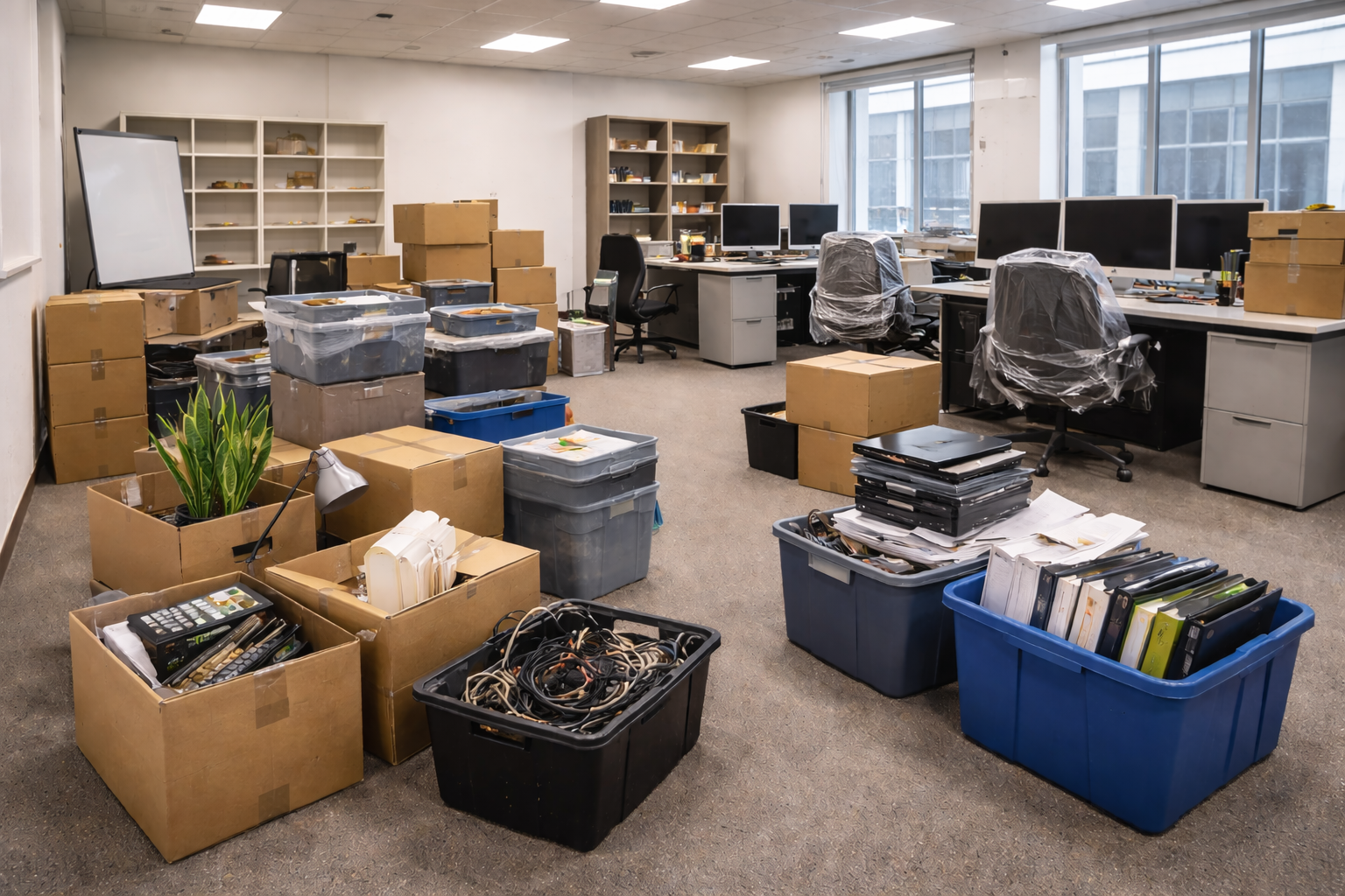 Office clearance service with desks, furniture, equipment and business contents sorted ready for removal