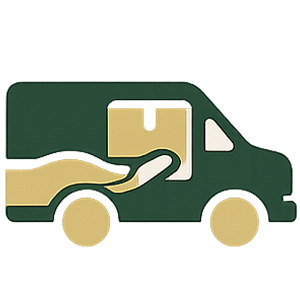 A dark green delivery truck with a beige hand extending from one side, holding a package.