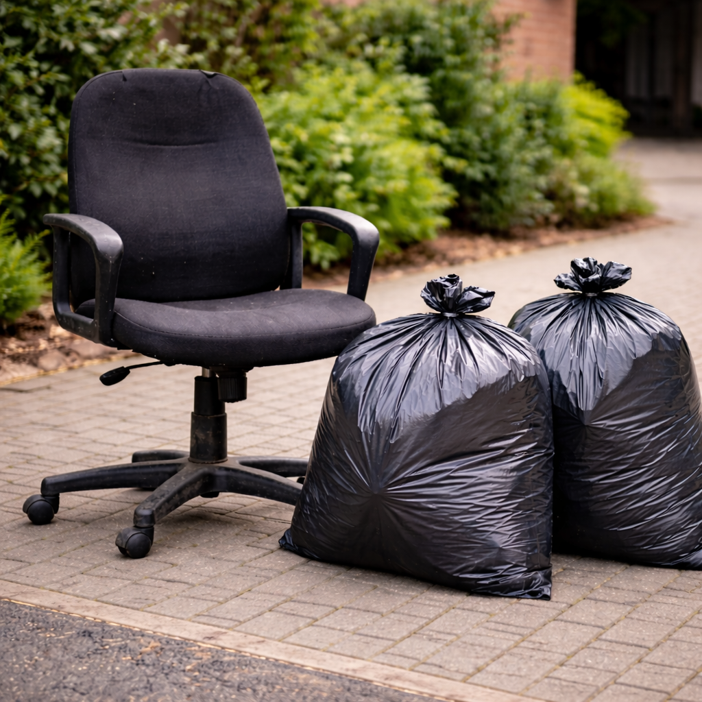 Small item and single room clearance service with office chair, bags and unwanted household contents for removal