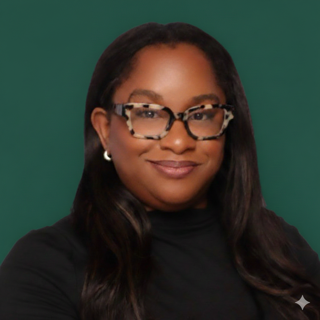 Ronika Stewart-A woman with glasses smiling against a green background.
