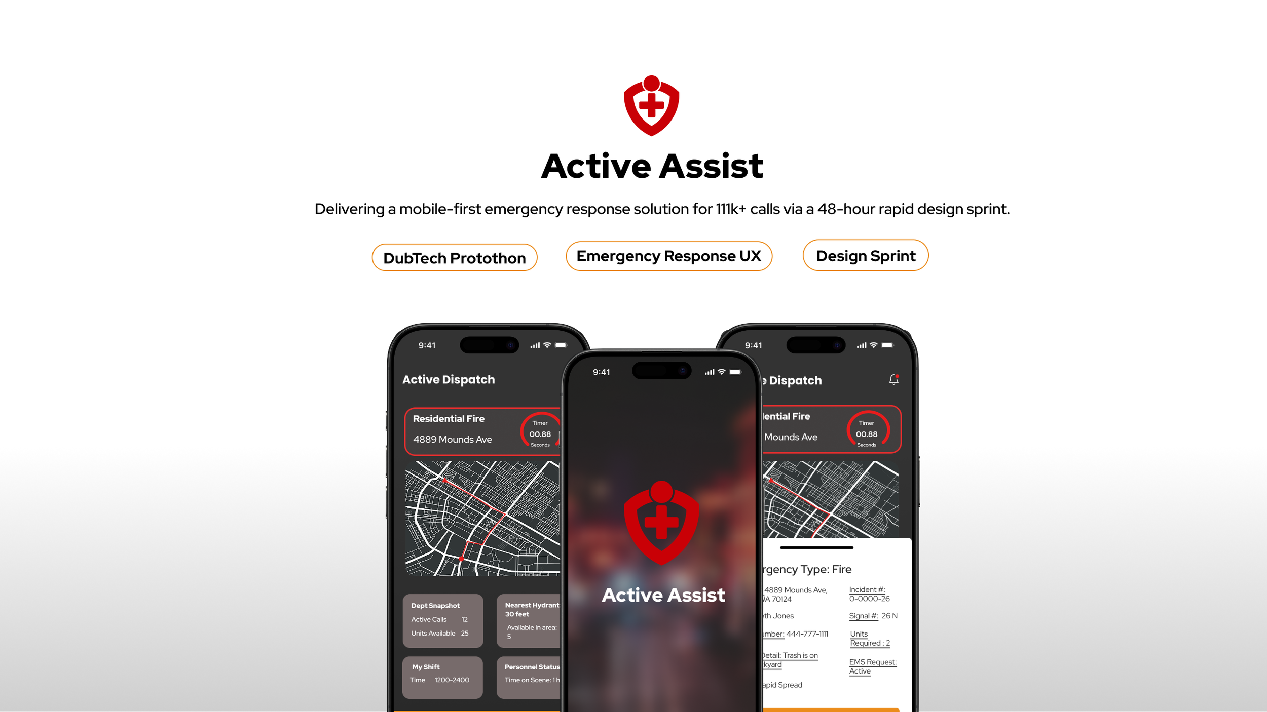 Screenshot of a webpage for Active Assist, a mobile emergency response app, showing three smartphones with the app interface. The app displays an active dispatch for a fire incident, including a map, timer, and incident details.