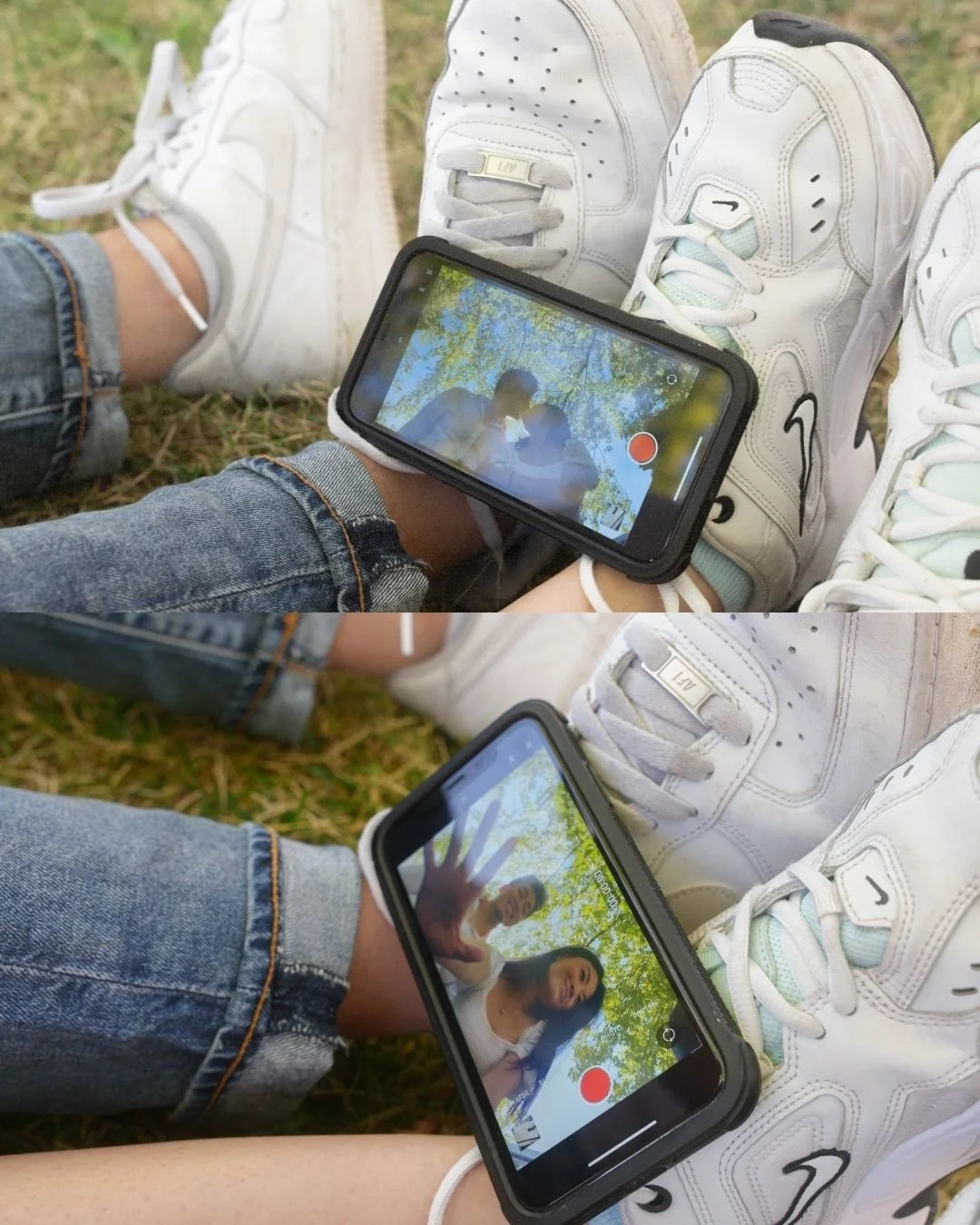 A person lying on the grass in Simon Fraser University. The person is wearing white sneakers and denim jeans. The phone's screen shows a photo of a man and woman smiling and waving at the camera against a background of trees.