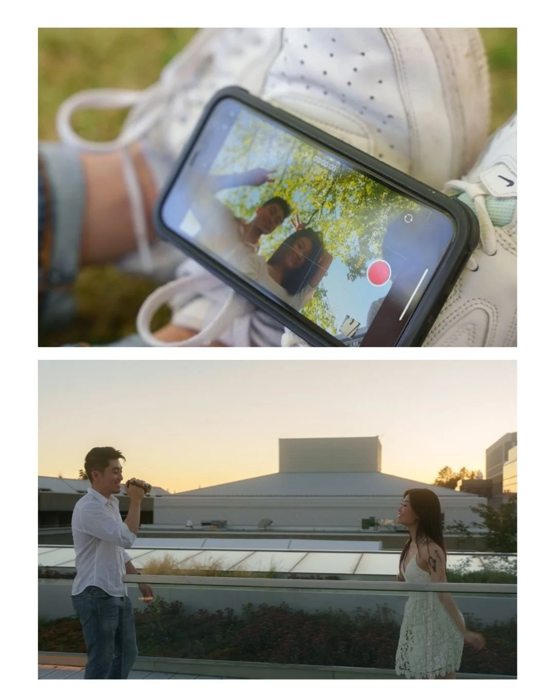 Two images: The first shows a person sitting outdoors on grass, taking a selfie of two women with a smartphone, with the phone's screen visible. The second image shows a young man taking a photo of a woman on a rooftop during sunset, with modern buil