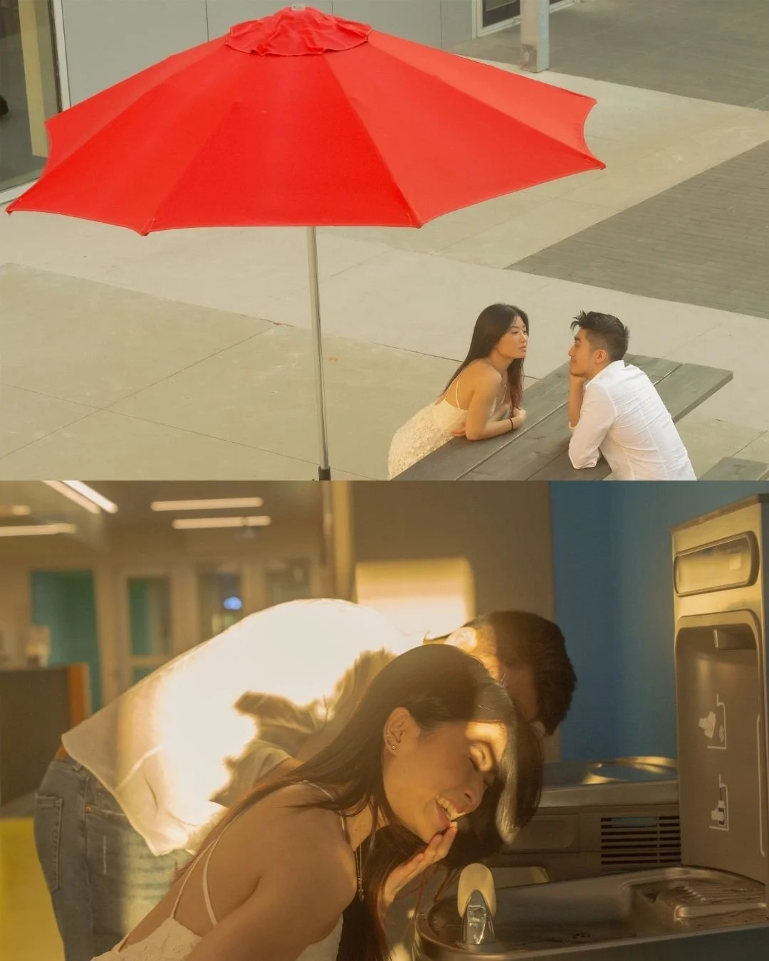 Top image of a young woman and man sitting at a picnic table under a large red umbrella outdoors. Bottom image of a woman smiling and laughing while using a water fountain indoors, with a man behind her.
