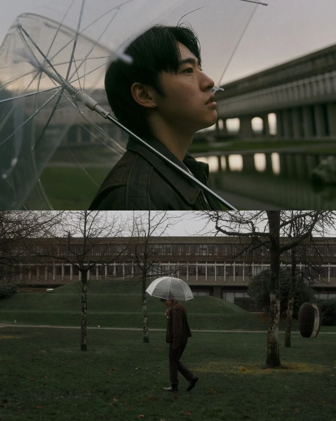 A young man with black hair stands outdoors with a transparent umbrella, looking to the side. In the background, there is the Simon Fraser University AQ and an overcast sky. The lower part of the image shows an man with a clear umbrella.