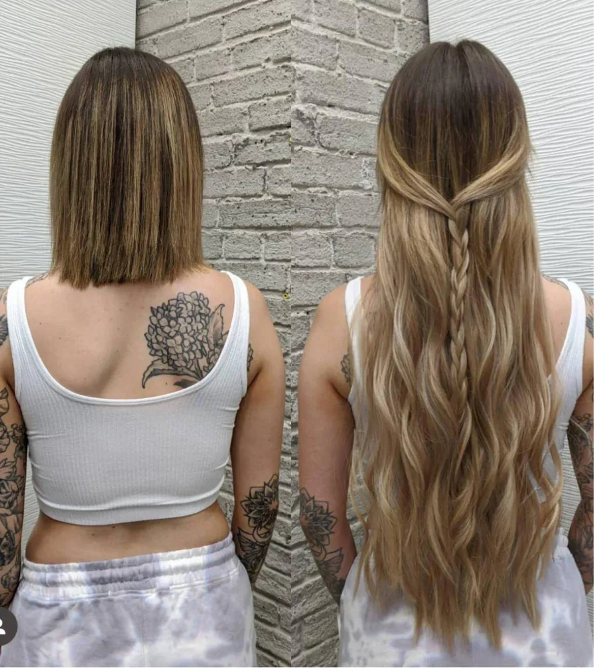 Comparison of a woman's hair before and after styling, with the left side showing straight, shoulder-length hair and the right side showing long, wavy hair with a braid.