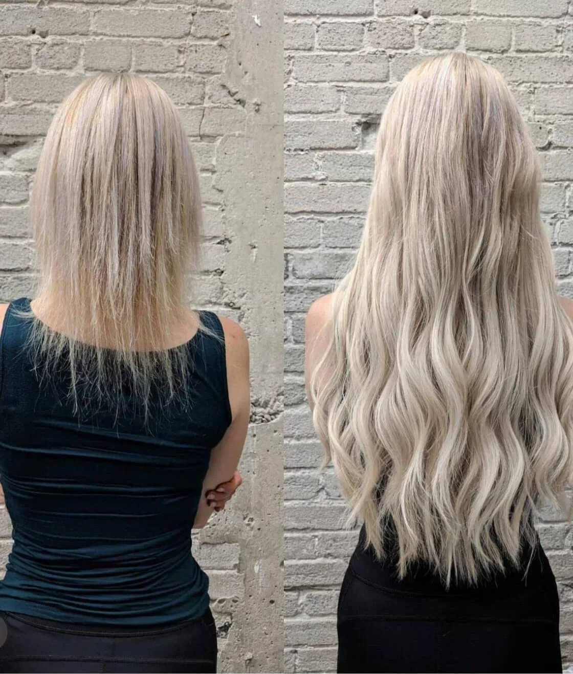 Comparison of a woman’s hair before and after a styling session, showing short, slightly wavy blonde hair on the left and long, voluminous, wavy blonde hair on the right, against a brick wall background.