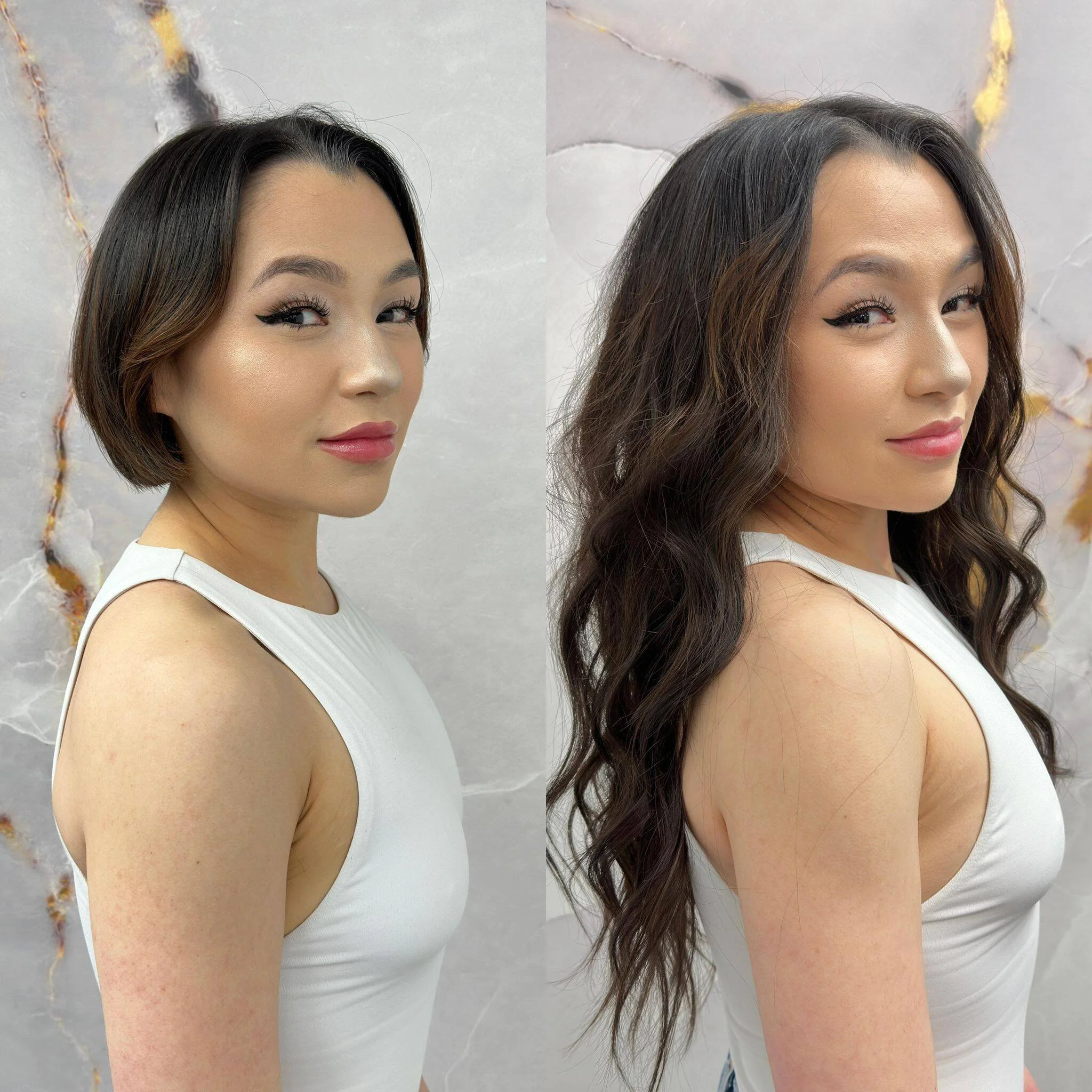 Comparison of a woman with short, straight hair on the left and long, wavy hair on the right, both wearing a white sleeveless top, against a marble background.