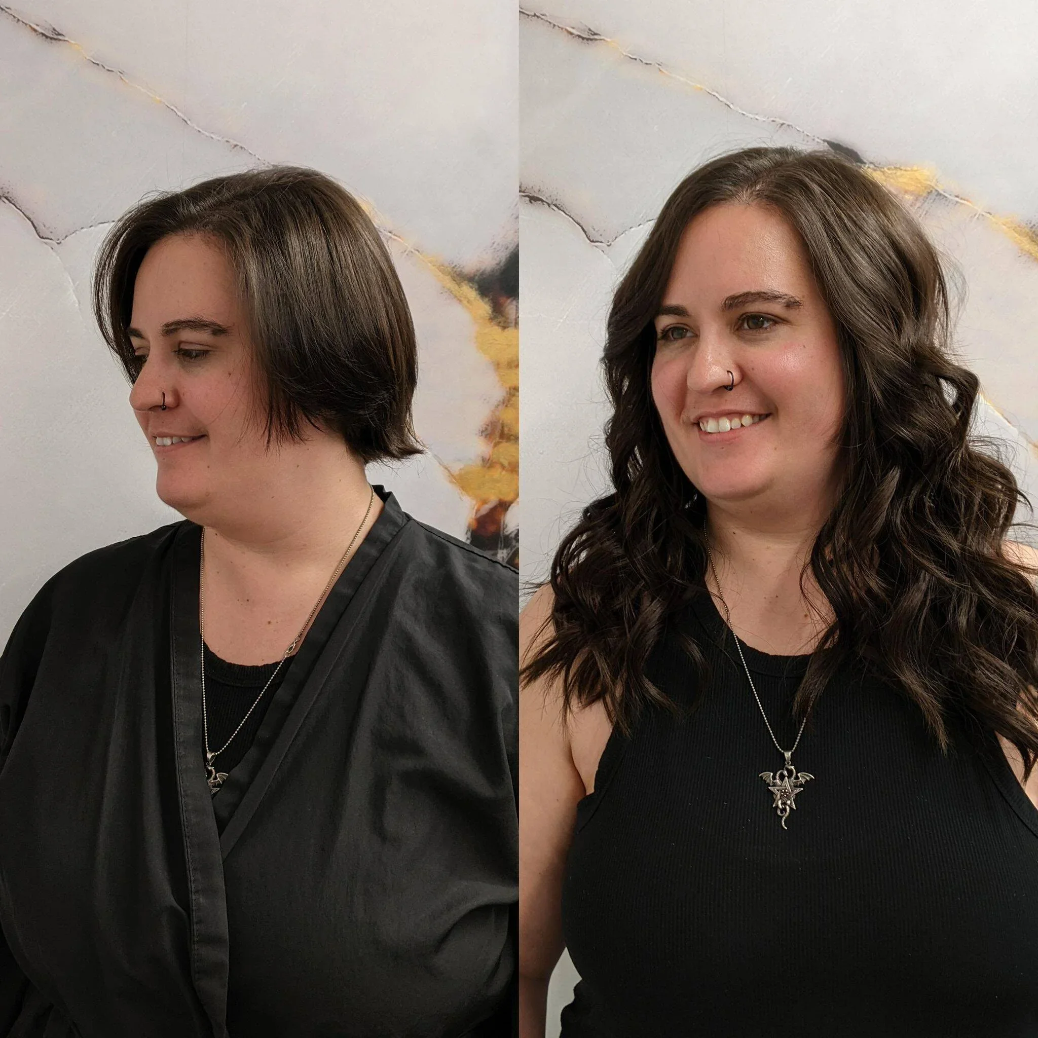 Side-by-side comparison of a woman before and after a hairstyle change. On the left, she has a short, straight haircut; on the right, she has long, wavy hair. She wears a black top and a necklace with a pendant in both images.