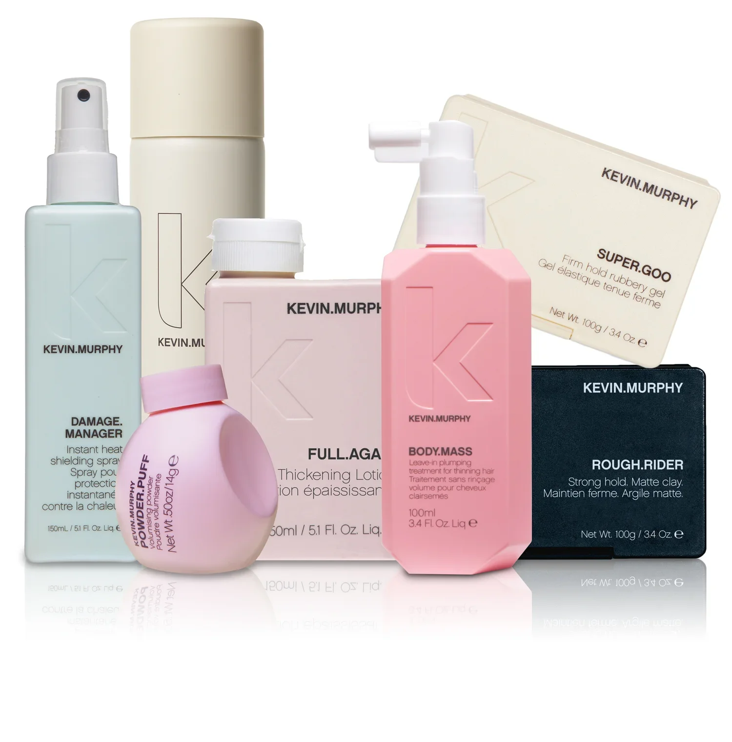 Collection of Kevin Murphy hair products including Damage Manager, Full.Age, Body.Mass, Super.Goo, Rough.Rider, and a pink Kevin Murphy powder puff