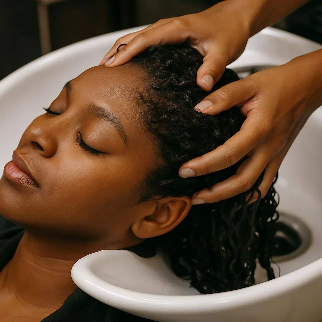 A woman is getting her hair washed at a salon, with her head tilted back in a white sink and a person massaging her scalp.