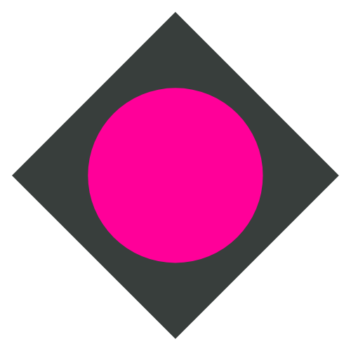 Pink circle on a dark gray background with a diamond-shaped gray border.