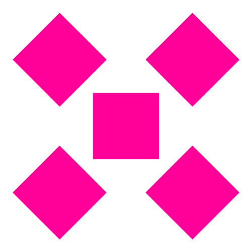 Five pink geometric shapes, with four diamonds surrounding a central square, on a black background.