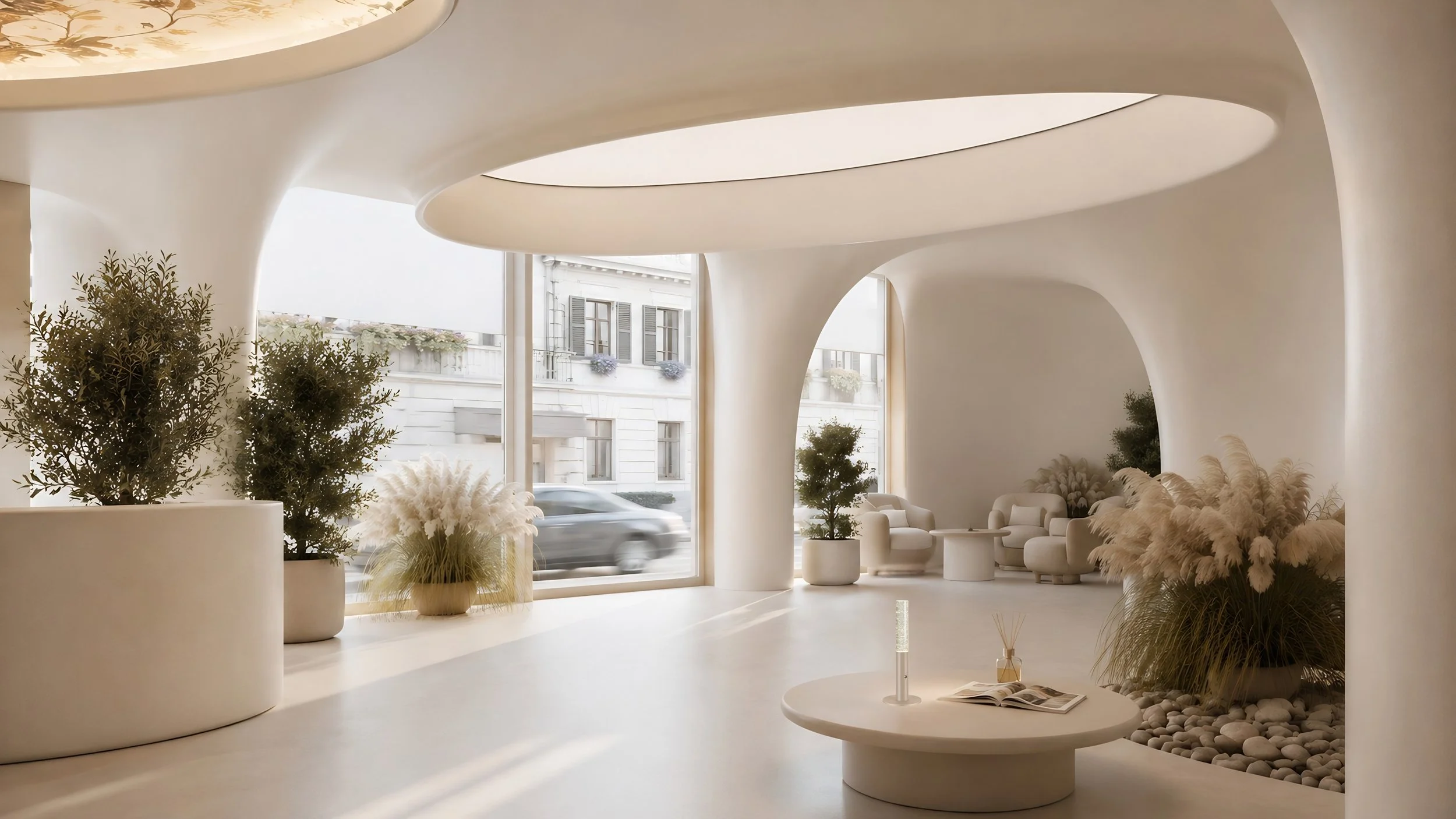 Modern interior space with curved white architectural features, large windows, and potted plants including greenery and pampas grass.