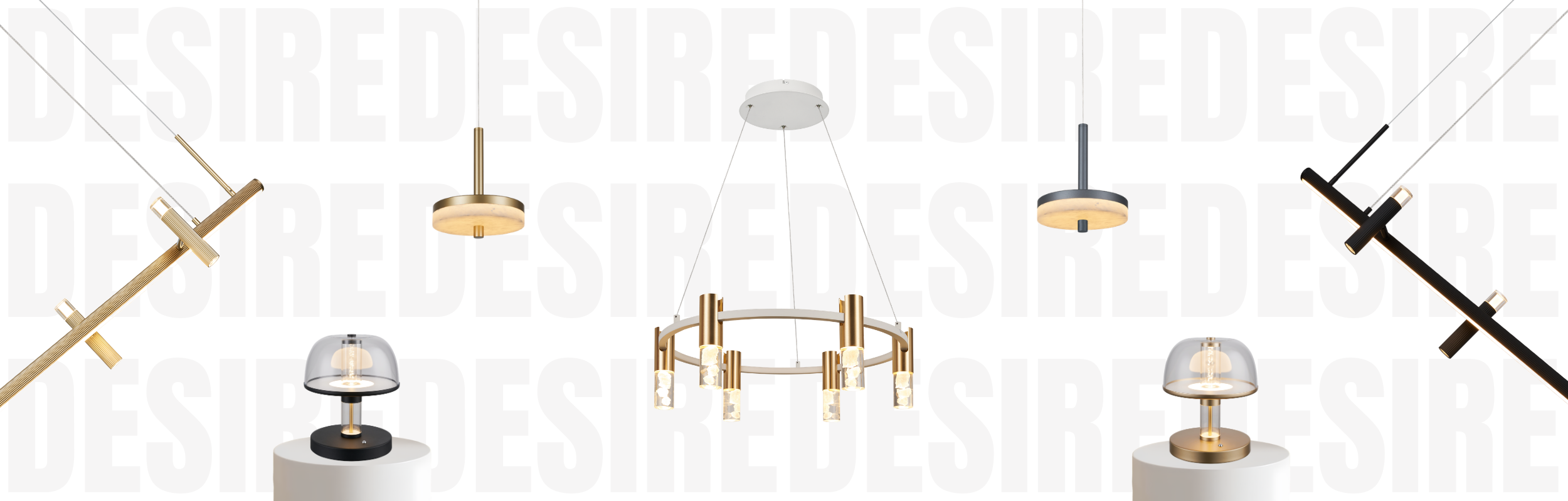 Display of various modern lamps and lighting fixtures in metallic, glass, and black finishes against a background with large, dark gray text that reads 'RESIST DESIRE RESTRICT DESIRE RESIST'.