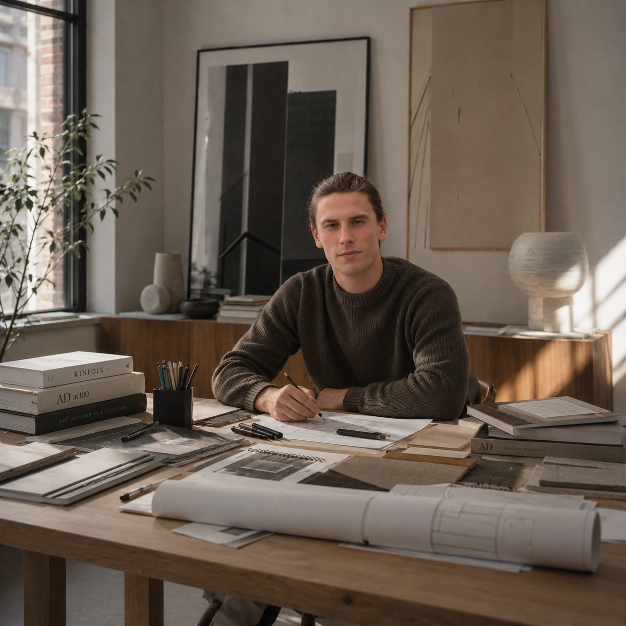 A man sitting at a cluttered wooden desk in a well-lit room, surrounded by books, papers, and design plans, with framed artwork on the walls and large windows nearby.