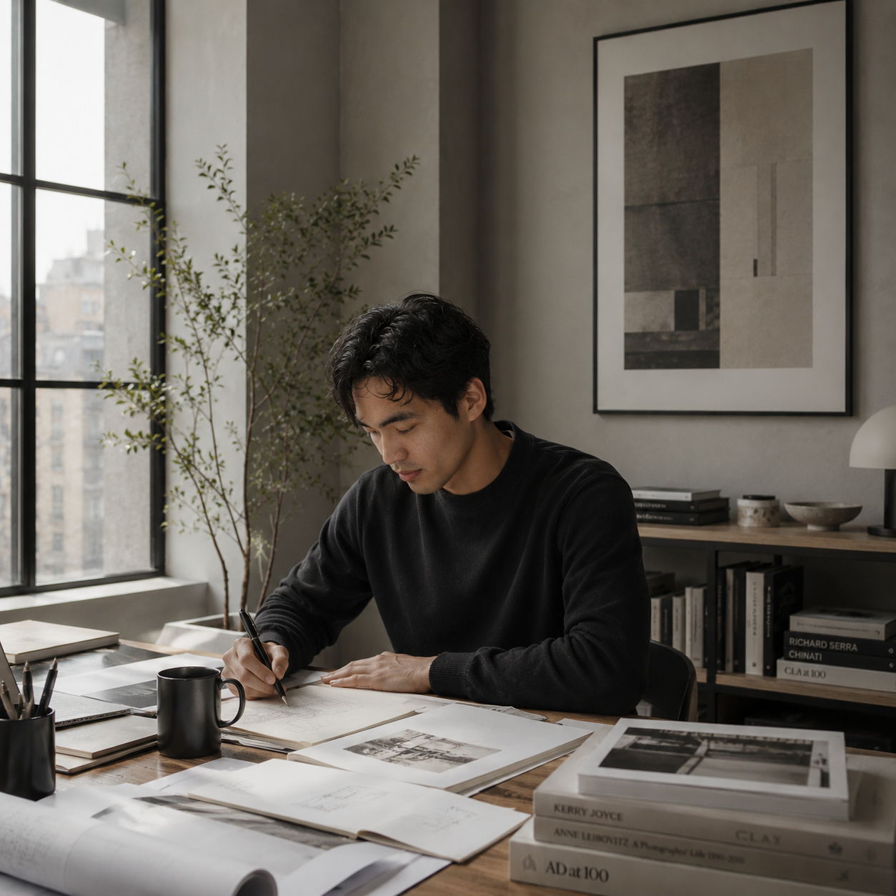 A man sitting at a wooden desk in a modern, well-lit office, working on sketches or drawings surrounded by art books, papers, and a black mug. Large windows with a view of city buildings are in the background.