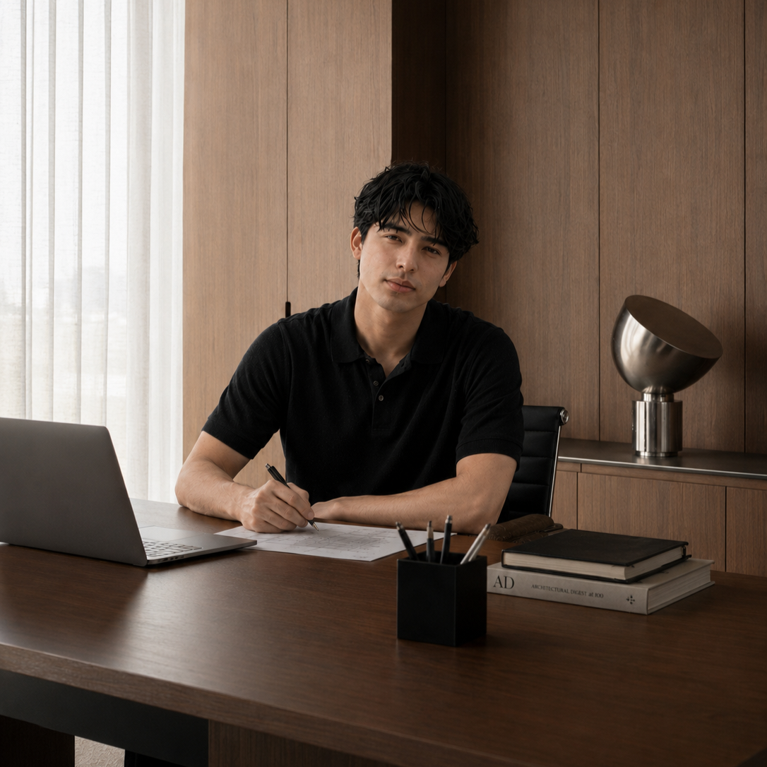Young man sitting at a wooden desk in a modern office, writing on paper with a pen, surrounded by a laptop, books, and a pen holder, with a metallic sculpture in the background.