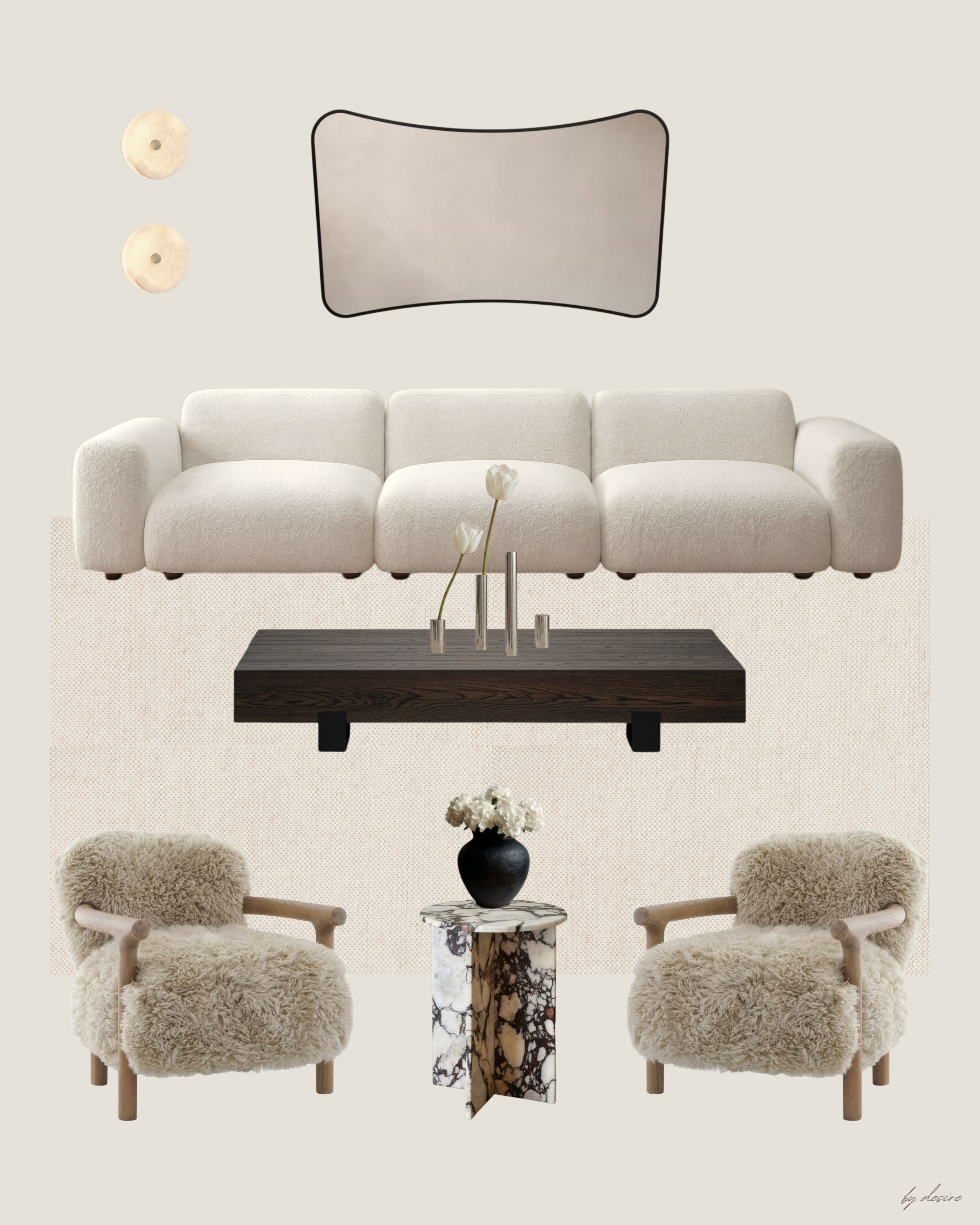 Living room with a white sofa, two fluffy armchairs, a black vase with white flowers, a marble side table, and wall decorations including a mirror and round wall art.