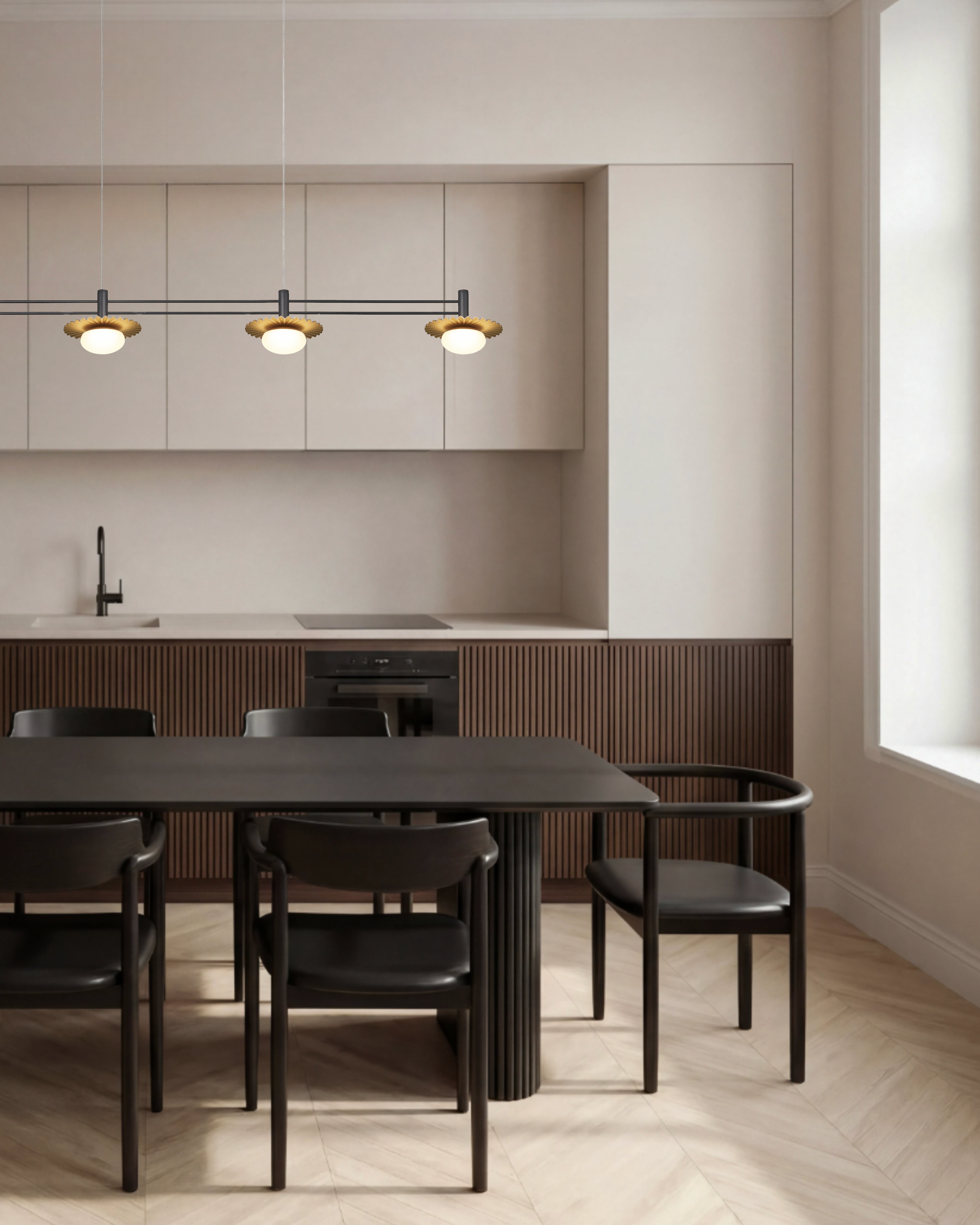 Modern kitchen with black table, black chairs, wood slatted cabinet, white walls, and a large window, with a black faucet and sink visible.