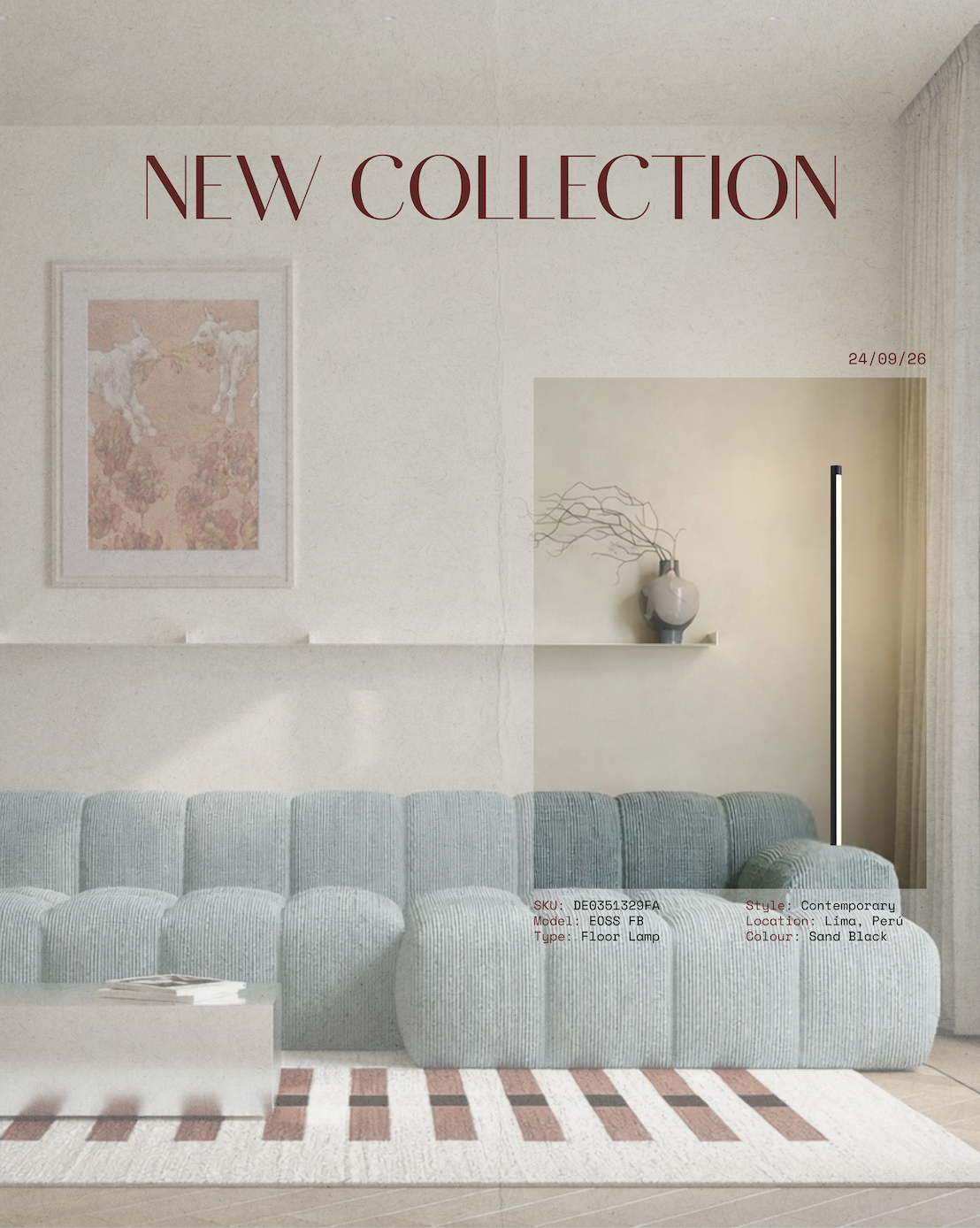 Living room with a pale blue sofa, white coffee table, and wall art, advertising a new collection of a contemporary floor lamp in Lima, Peru, in Sudan Black color.