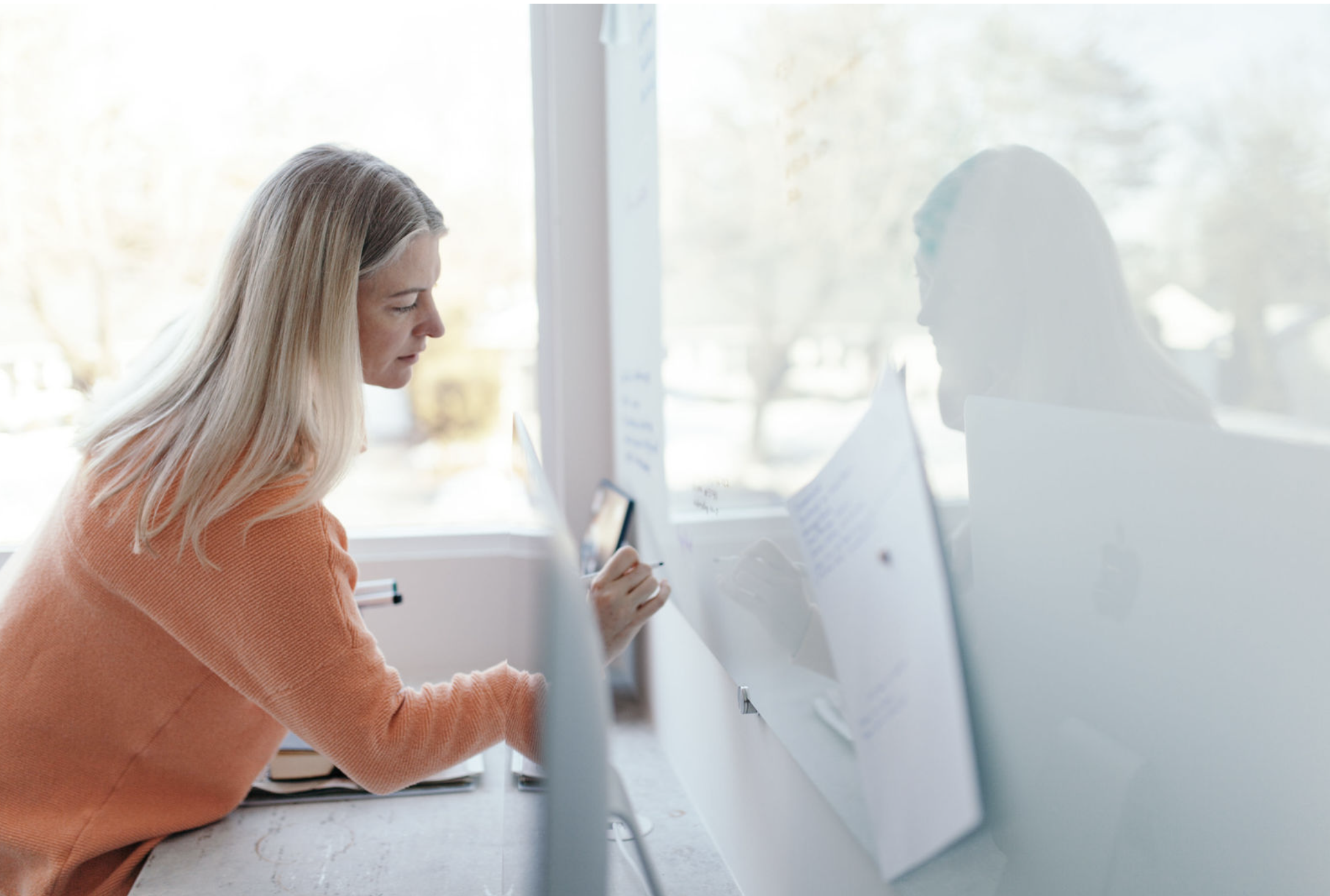 Woman working at a desk separated by a glass partition with a blurred background of trees outside.